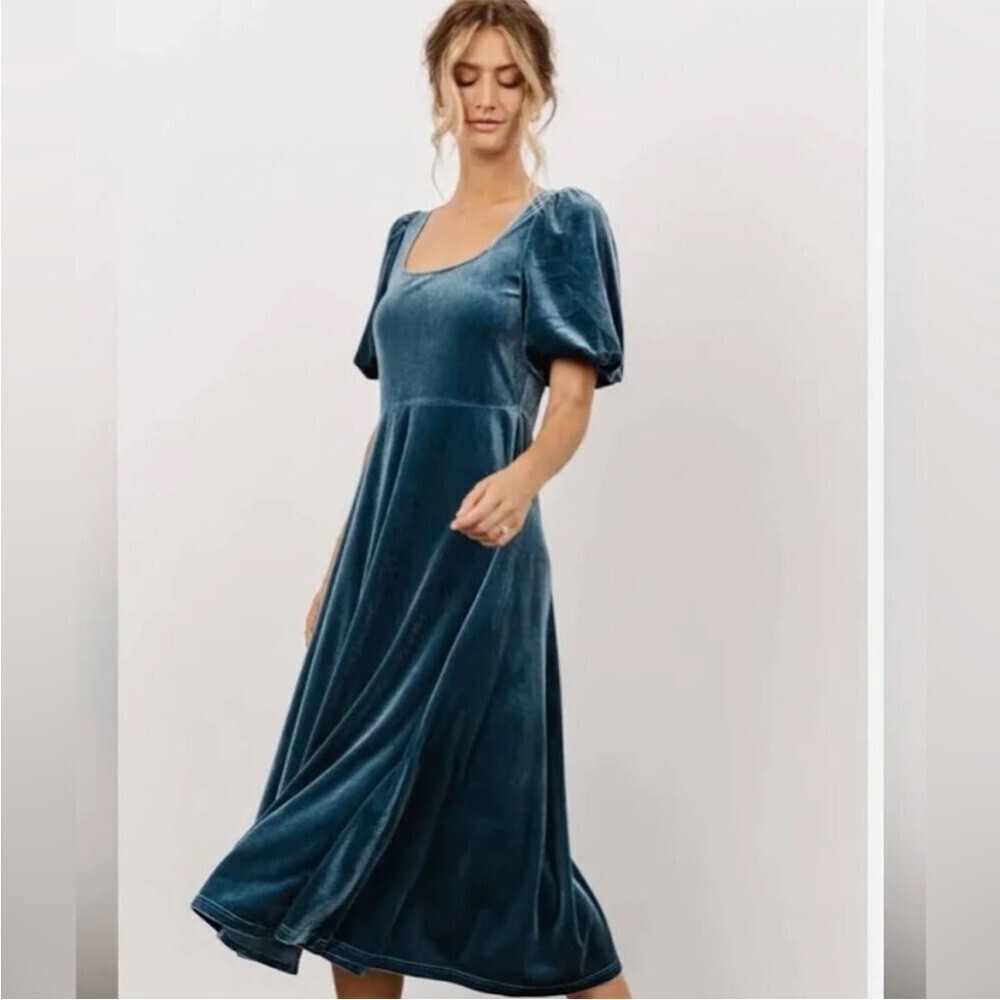 Baltic Born Nora Velvet Teal Midi Dress Puff Sleeve Size 3XL Chic 90s NWOT boho